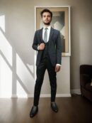 Elegant Navy Blue Self-Textured Shawl Collar Suit Set - Perfect for Weddings & Formal Occasions