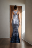 White and Navy Blue Sequin Mesh Gown - Elegant Evening Wear for Special Occasions