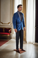 Luxurious Prussia Blue Corduroy Blazer - Shining Pile Yarn with Black Satin Shawl Collar
