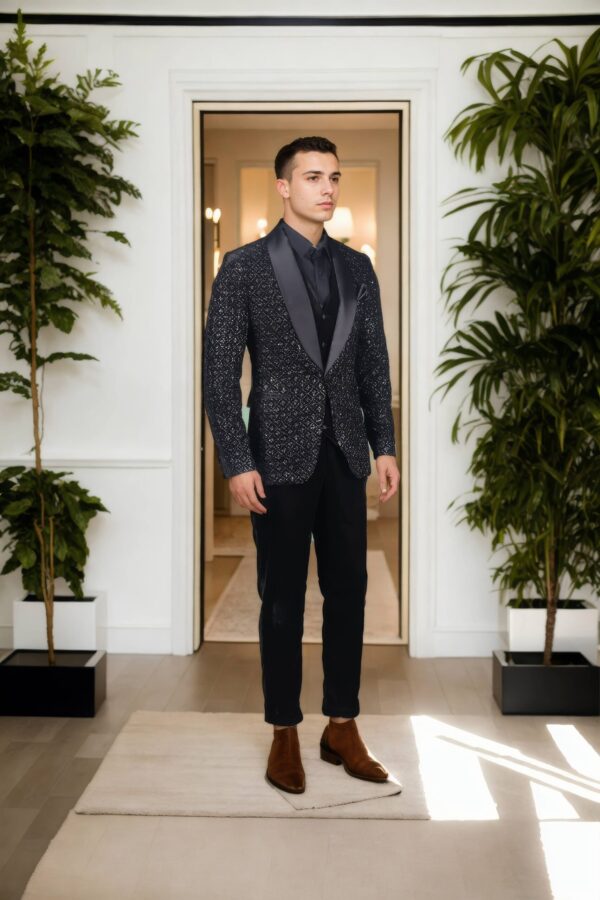 Luxurious Black Velvet Suit Set with Self-Embroidery & Sequin Design, Shawl Collar, Front Open Waistcoat & Formal Velvet Pants - Perfect for Elegant & Formal Occasions - Image 2