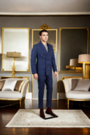 Elegant Faded Navy Blue Suit with White Straight Line Accents - A Modern Statement for Formal & Casual Events