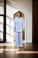 Luxurious Grey Suiting Fabric Double-Breasted Blazer with Peaked Lapel Collar and Full Sleeves, Paired with Straight Leg Trouser - Perfect for Professional & Formal Occasions