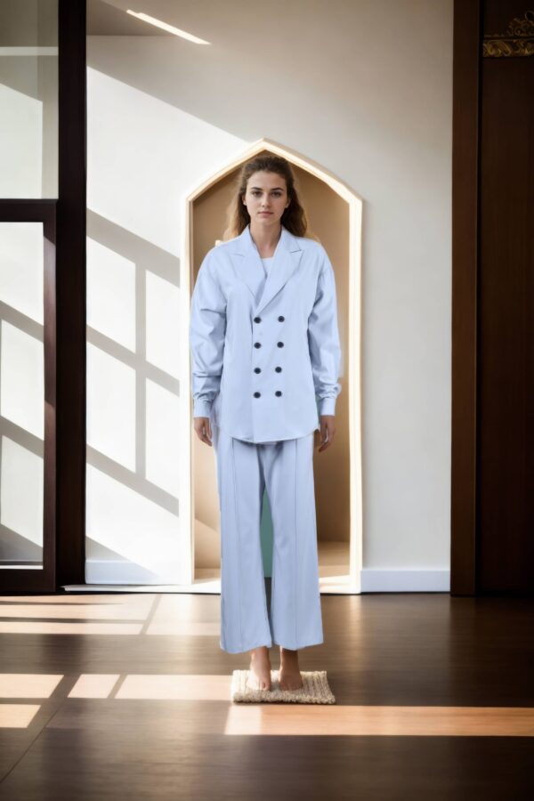 Luxurious Grey Suiting Fabric Double-Breasted Blazer with Peaked Lapel Collar and Full Sleeves, Paired with Straight Leg Trouser - Perfect for Professional & Formal Occasions
