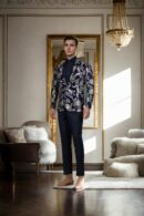 Navy Blue Velvet Heavy Blazer with Gold Zari Thread & Sequin Work - Notch Lapel Collar, Long Sleeves, Two Flap Pockets