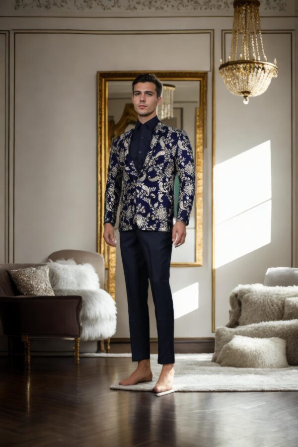 Navy Blue Velvet Heavy Blazer with Gold Zari Thread & Sequin Work - Notch Lapel Collar, Long Sleeves, Two Flap Pockets - Image 4