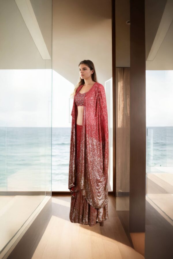 Elegant Chocolate Cosmos Sequin Skirt Set with Embellished Strap Blouse & Front-Open Jacket - Perfect for Weddings & Glamorous Events - Image 4