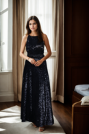 Black Full Sequin Sleeveless Halter Neck Bodycon Maxi Dress with Thigh-High Slit & Beaded Belt Design