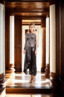 Chic Kendall Charcoal Satin High-Low Overlap Set with Sequined One-Shoulder Top & Plain Pants - Perfect for Formal & Evening Events