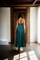 Spaghetti Strap V-Neck Satin Ball Gown with Ruched Detailing for Women  Elegant Evening Wear