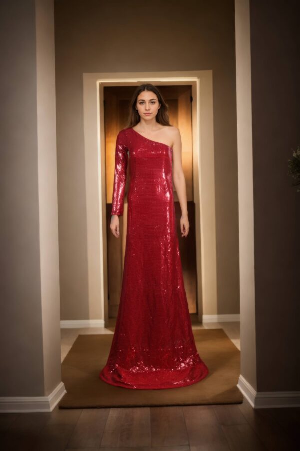Red One-Shoulder Sequin Gown with Front Slit - Glamorous Evening Wear