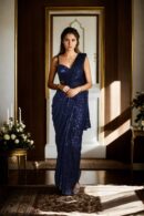 Glamorous Navy Blue Full Sequin Readymade Drape Saree with Sweetheart Neckline Beaded Blouse - Perfect for Weddings & Evening Events