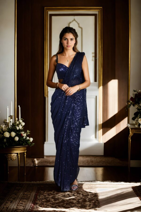 Glamorous Navy Blue Full Sequin Readymade Drape Saree with Sweetheart Neckline Beaded Blouse - Perfect for Weddings & Evening Events