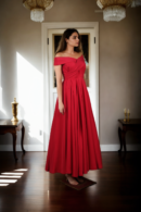Red Off-Shoulder Gown with Box Pleat Flare - Perfect for Elegant Evenings & Formal Celebrations