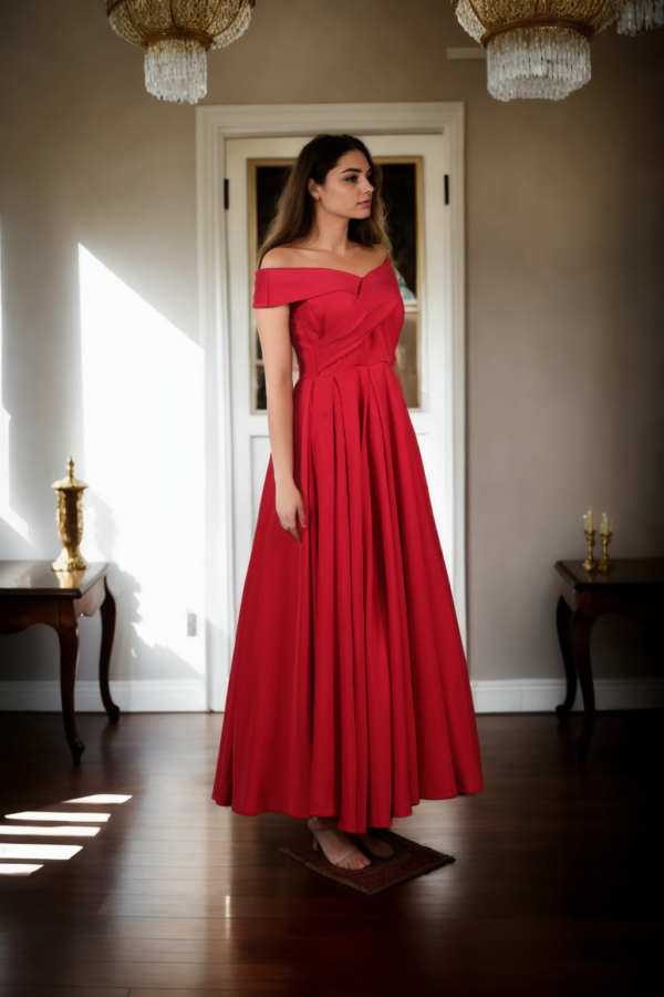 Red Off-Shoulder Gown with Box Pleat Flare - Perfect for Elegant Evenings & Formal Celebrations - Image 2