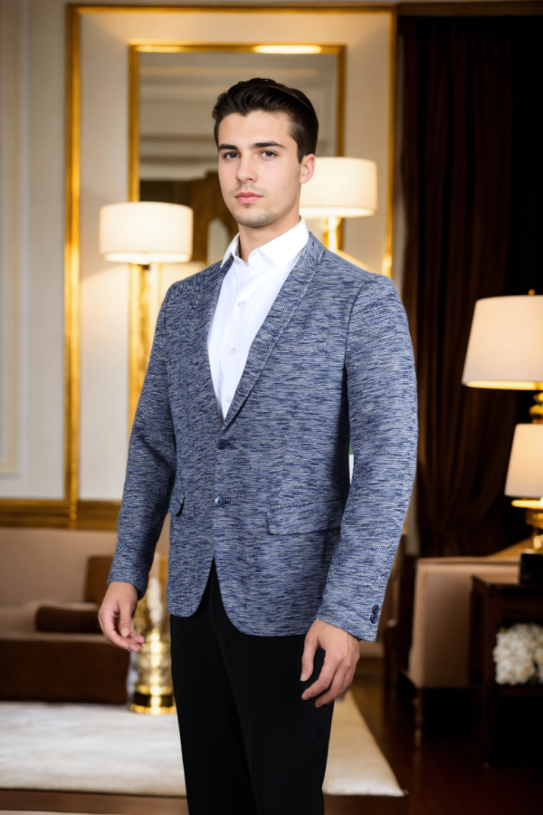 Mens Navy Blue & Off-White Patterned Blazer with Notched Lapel - Smart Casual & Stylish Outerwear - Image 4