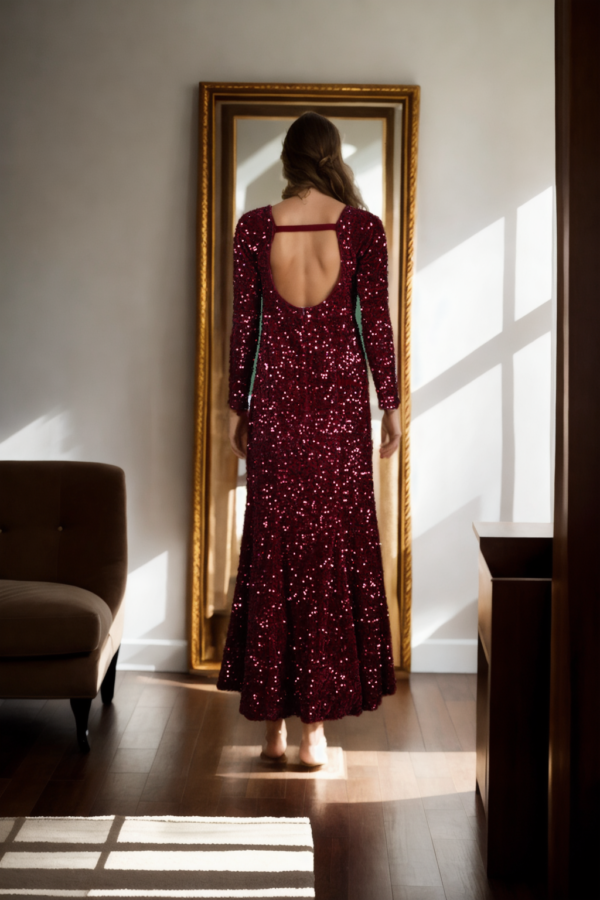 Maroon Sequin Mermaid Gown with Side Slit - Glamorous Evening Wear for Special Occasions - Image 3