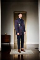 Red & Blue Floral Self-Woven Silk Blend Slim-Fit Blazer with Gold Patchwork Design - Notched Lapel & Double-Button Closure