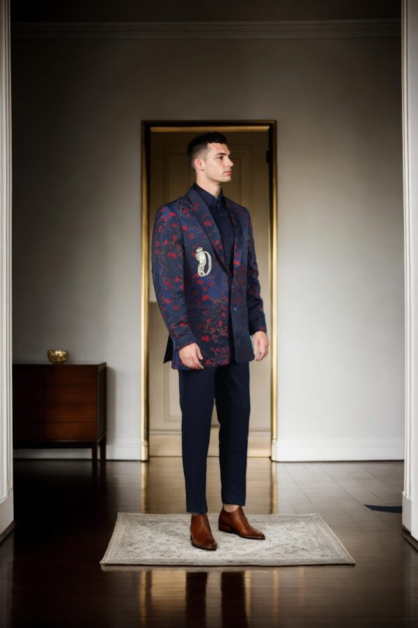 Red & Blue Floral Self-Woven Silk Blend Slim-Fit Blazer with Gold Patchwork Design - Notched Lapel & Double-Button Closure - Image 2