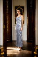 Cream Net Women's 2-Piece Set: Spaghetti Strap Bodycon Midi Dress with Long Sequin-Decorated Cardigan, Geometric Sequin Striped Pattern, Deep V-Neckline & Sleeveless - Chic Evening Wear