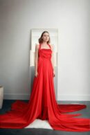 Elegant Red Silk Long Western Gown with Embellished Halter Neckline, Draped Design & Flowing Trail