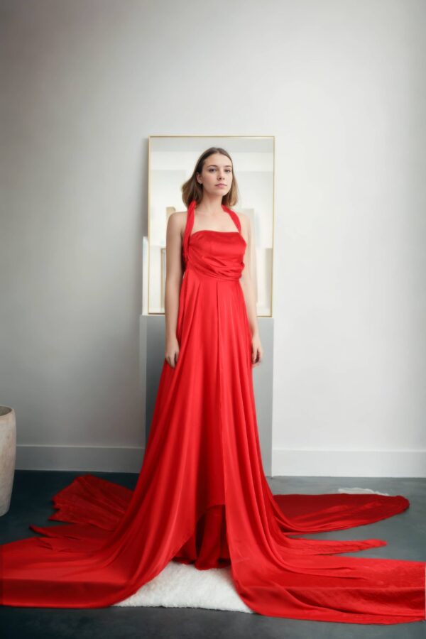 Elegant Red Silk Long Western Gown with Embellished Halter Neckline, Draped Design & Flowing Trail - Image 4
