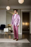 Pink Georgette Suit with Vertical Sequin & Self-Thread Work Design - Peak Lapel Collar, Full Sleeves & A-Line Pants