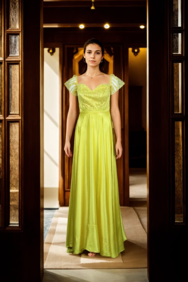 Yellow Silk Long Gown with Self-Thread Embroidery, White Sequin & Beadwork - Sweetheart Neckline & Off-Shoulder Net Sleeves