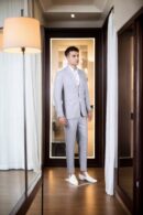 Chic Bright Grey Geometric Design Suit Set - Perfect for Formal Events & Weddings