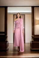 Baby Pink Chiffon Off-Shoulder Gown with Unique Long Drape Design and Bead & Sequin Work - Elegant Evening Wear