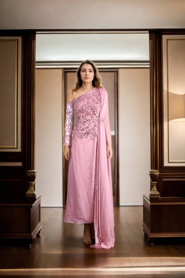 Baby Pink Chiffon Off-Shoulder Gown with Unique Long Drape Design and Bead & Sequin Work - Elegant Evening Wear