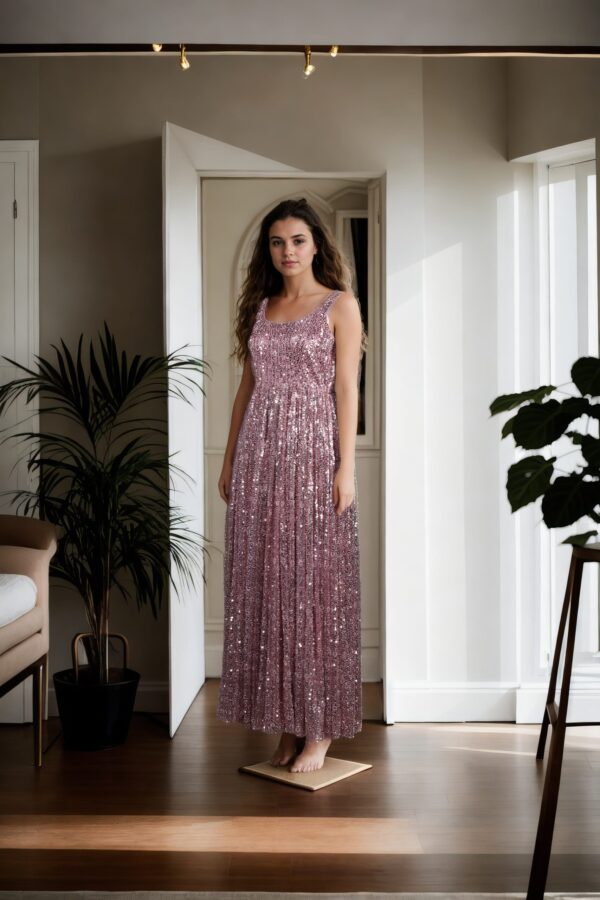 Pink Net Western Gown with Sequin, Beads & Mirror Work, Spaghetti Straps, Sleeveless, Round Neck & Princess Cut Design - Image 4