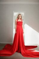 Elegant Red Silk Long Western Gown with Embellished Halter Neckline, Draped Design & Flowing Trail