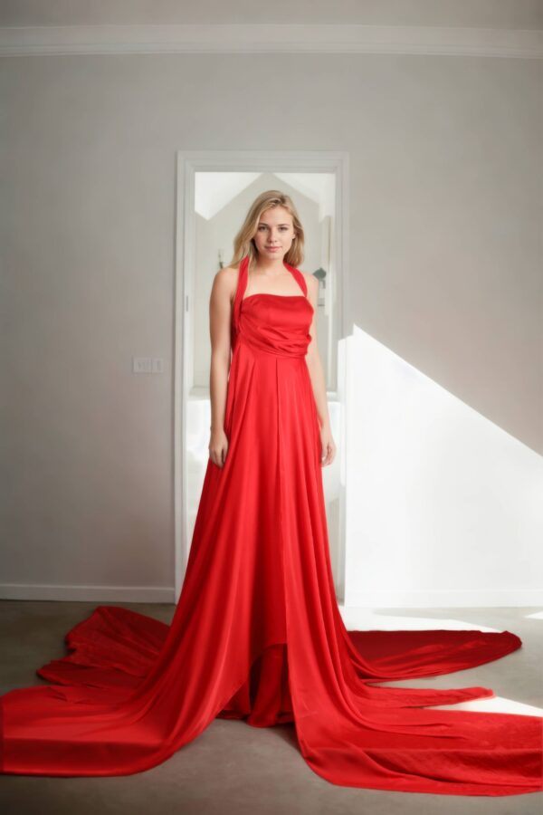 Elegant Red Silk Long Western Gown with Embellished Halter Neckline, Draped Design & Flowing Trail