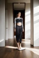 Silk Satin Black Plain Dhoti with Bead Work Belt & Net Blouse - Padded Princess Cut & Full Sleeves
