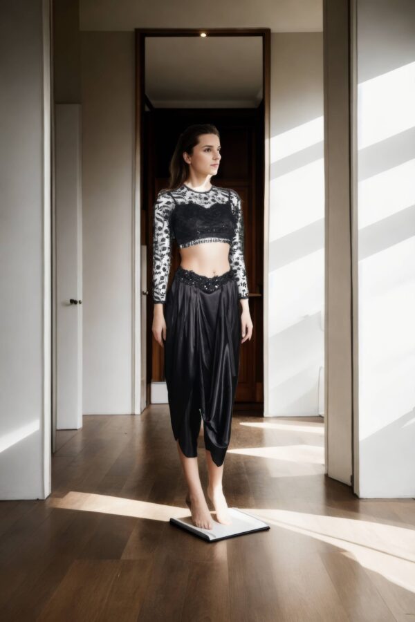 Silk Satin Black Plain Dhoti with Bead Work Belt & Net Blouse - Padded Princess Cut & Full Sleeves - Image 3