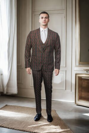 Sophisticated Black Base Maroon Checks Suit Set - Perfect for Formal Events & Wedding Celebrations