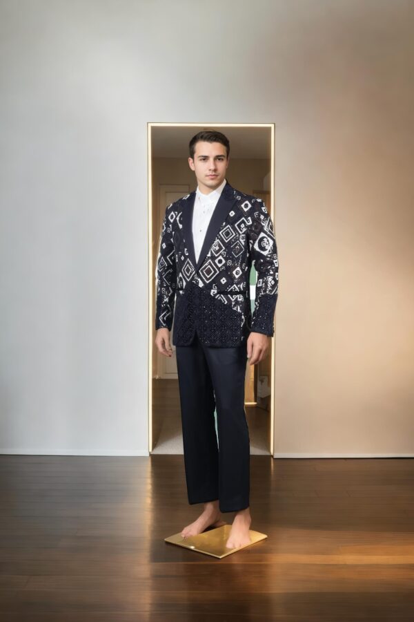 Luxurious Multicolor Sequin Blazer with Peaked Collar, Full Sleeves & Patchwork Detailing  Perfect for Statement Style & Evening Events