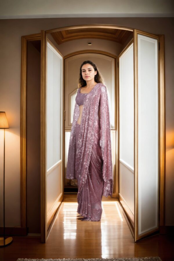 Elegant Pink Sequin Work Readymade Drape Saree with Sleeveless Princess-Cut Blouse & Detachable Sleeves - Perfect for Glamorous Events - Image 2