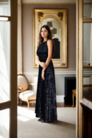 Black Full Sequin Sleeveless Halter Neck Bodycon Maxi Dress with Thigh-High Slit & Beaded Belt Design