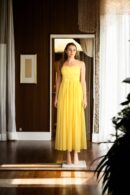 Yellow Georgette Strap Dress with Sweetheart Neckline and Drape Design - Elegant Evening Wear