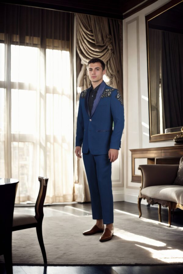 Luxurious Navy Blue Quilted Suit with Satin Shawl Collar, Patchwork & Bead Details, Full Sleeves & Formal Pants ? Perfect for Elegant & Upscale Occasions - Image 4
