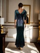 Luxurious Long Fishtail Gown with Tilted V-Neckline, 3/4th Sleeves, and Back Zip Opening - Perfect for Formal & Evening Occasions