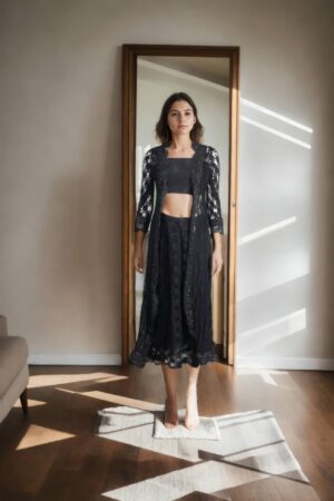 Black Cutwork Lace Dhoti Saree with Border Work Jacket & Strap Blouse - Modern Statement Wear