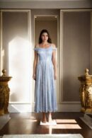 Silver Solid Shimmer Crushed Tissue Off-Shoulder A-Line Gown - Elegant Evening Wear