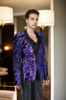 Luxurious Blue-Pink Shimmer Velvet Blazer with Sequin Work Design, Notched Lapel & Full Sleeves - Perfect for Elegant & Glamorous Events