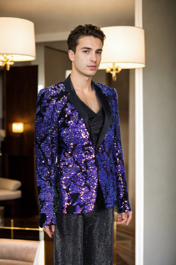Luxurious Blue-Pink Shimmer Velvet Blazer with Sequin Work Design, Notched Lapel & Full Sleeves - Perfect for Elegant & Glamorous Events - Image 4