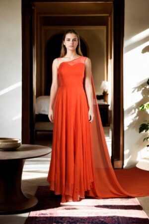 Orange Flared One-Shoulder Cape Gown with Side Cutout and Back Opening - Elegant Evening Wear