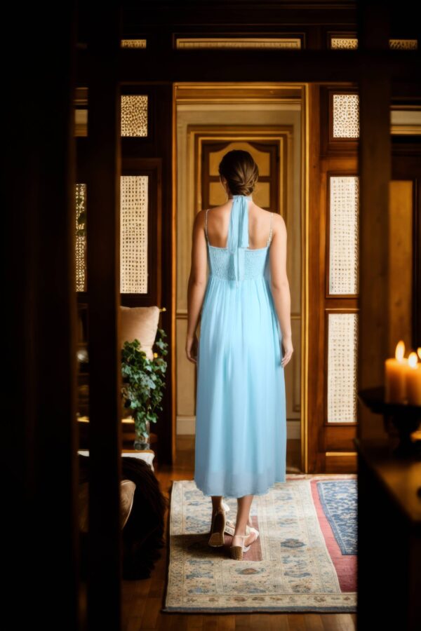 Powder Blue Georgette Midi Dress with Halter Neck, Pleated Design, Neck Tie-Up, and Fabric Belt - Elegant Evening Wear - Image 3