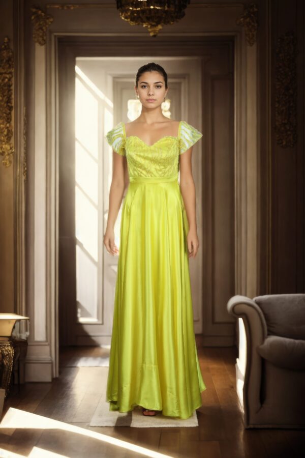 Yellow Silk Long Gown with Self-Thread Embroidery, White Sequin & Beadwork - Sweetheart Neckline & Off-Shoulder Net Sleeves - Image 3