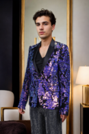 Luxurious Blue-Pink Shimmer Velvet Blazer with Sequin Work Design, Notched Lapel & Full Sleeves - Perfect for Elegant & Glamorous Events